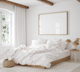 mockup frame in bedroom interior background, coastal boho style, 3d render