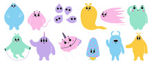 Set Of Cute Monsters With Happy Face Emotions. Bizzare Kind Characters In Flat Style. Adorable Childish Creatures In Pastel Colors. Hand Drawn Comic Beasts Isolated On White Background