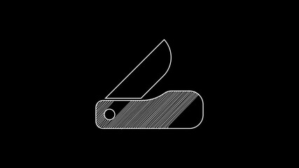 Sticker - White line Swiss army knife icon isolated on black background. Multi-tool, multipurpose penknife. Multifunctional tool. 4K Video motion graphic animation