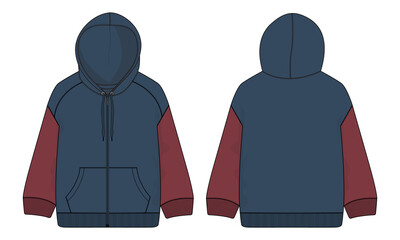 Two tone Red and Navy blue Color hoodie Technical Fashion flat sketch Vector illustration template front and back views. Apparel Clothing Design Mock up CAD.
