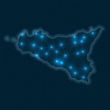 Sicilia Network Map. Abstract Geometric Map Of The Island. Digital Connections And Telecommunication Design. Glowing Internet Network. Astonishing Vector Illustration.
