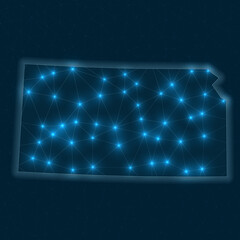 Poster - Kansas network map. Abstract geometric map of the US state. Digital connections and telecommunication design. Glowing internet network. Radiant vector illustration.