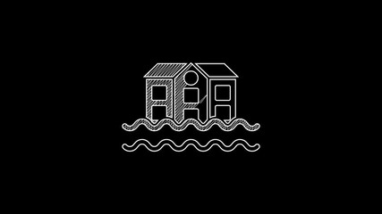 Sticker - White line House flood icon isolated on black background. Home flooding under water. Insurance concept. Security, safety, protection, protect concept. 4K Video motion graphic animation