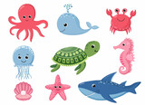 Fototapeta Pokój dzieciecy - Cartoon sea animals. Cute ocean fish, octopus, shark and turtle, jellyfish, crab and seal. Underwater wildlife creatures vector illustration set