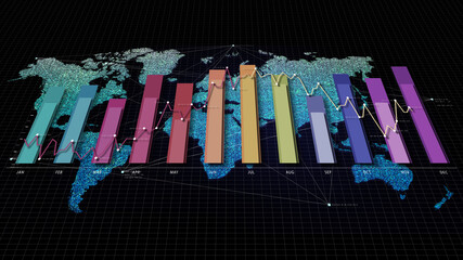 Poster - Futuristic Business global map with bar and line graph in abstract particles illustration. World map element of this illustration furnished by NASA