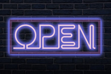 A Bright Pink And Blue Neon Sign Which Says Open.
