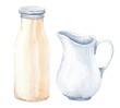 Watercolor jug and bottle of milk on white background. Watercolour food illustration.