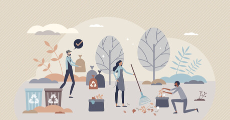 Litter clean up, recycling and separation as nature and environment care tiny person concept. Trash and garbage pollution picking to reduce urban waste and be social active group vector illustration