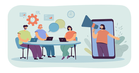 Poster - Manager making announcement to team of office workers via phone. Business people sitting at table with laptops flat vector illustration. Teamwork, management concept for banner or landing web page
