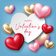 Wall Mural - Valentines Day background with 3d hearts. Design element for greeting card or sale banner