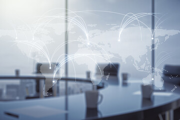 Poster - Double exposure of abstract digital world map hologram with connections on a modern meeting room background, research and strategy concept