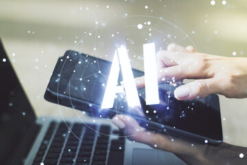 Aufkleber - Creative artificial Intelligence symbol concept with finger clicks on a digital tablet on background. Multiexposure