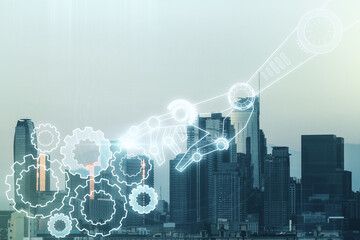Aufkleber - Double exposure of abstract virtual robotics technology hologram on Los Angeles city skyscrapers background. Research and development software concept