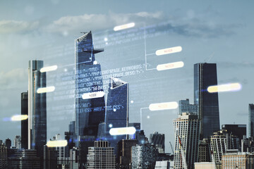 Poster - Multi exposure of abstract software development hologram on New York city skyscrapers background, research and analytics concept