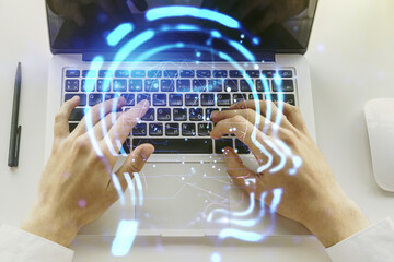Poster - Creative artificial Intelligence concept with human head sketch and hands typing on computer keyboard on background. Double exposure