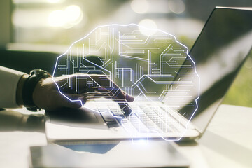Poster - Creative artificial Intelligence concept with human brain sketch and hands typing on computer keyboard on background. Double exposure