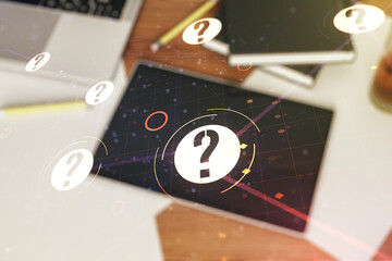 Aufkleber - Double exposure of question mark hologram and digital tablet on background, top view. Sociology and psychology concept