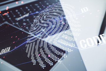 Aufkleber - Abstract creative fingerprint illustration on modern computer background, personal biometric data concept. Multiexposure