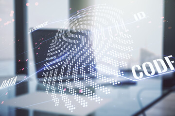 Aufkleber - Abstract creative fingerprint illustration on modern computer background, personal biometric data concept. Multiexposure