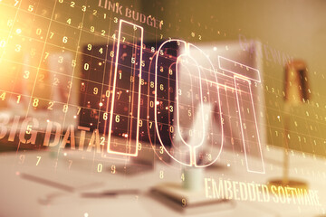 Poster - Creative IOT illustration on modern computer background, future technology concept. Multiexposure