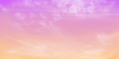 Wall Mural - Panorama Clear purple to orange or yellow sky and white cloud detail  with copy space. Sky Landscape Background.Summer heaven with colorful clearing sky. Vector illustration.Sky clouds background.