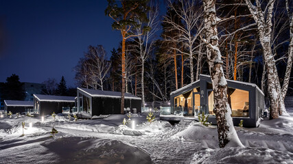 A street with identical wooden houses with a small balcony, panoramic windows, a winter forest in the background