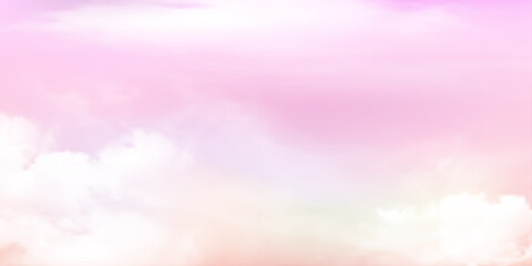 Wall Mural - Panorama Clear pink sky and white cloud detail  with copy space. Sky Landscape Background.Summer heaven with colorful clearing sky. Vector illustration.Sky clouds background.