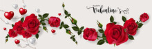 Valentine Day Greeting Card Templates With Realistic Of Beautiful Rose And Heart On Background Color.