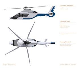 Wall Mural - Business helicopter drawing. Top, side view of luxury copter. Isolated 3d blueprint. Private aviation. Modern vip vehicle