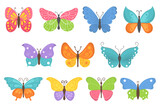 Fototapeta Motyle - Set colorful flying insects, summer butterfly flat