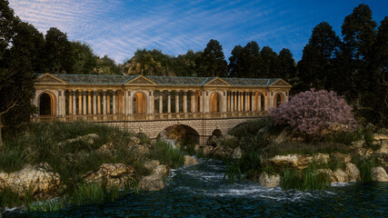Poster - 3D illustration of a large old fantasy bridge with roof and columns crossing a river in a forest.