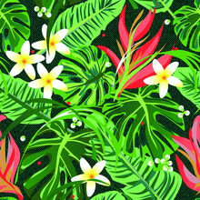 Tropical Leaves With Flowers On The Green Denim Seamless Pattern