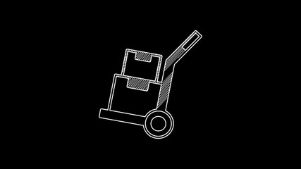 Poster - white line hand truck and boxes icon isolated on black background. dolly symbol. 4k video motion gra