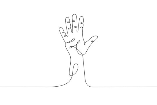 Single line drawn hand gesture,  minimalistic waving human five fingers arm, symbol of handprint, hello, waving, greeting, five, stop, warning. Dynamic continuous one line graphic vector design