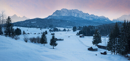 Wall Mural - winter panorama buckelwiesen landscape, tourist destination near wallgau with dreamy pink clouds