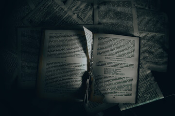 Wall Mural - An old book with a torn page lies in an abandoned building. Gloomy atmosphere. An old book. Abandoned building.