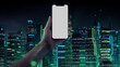 © RocknRoller Studios - Smartphone with Empty Display. Futuristic Design Template with Green and Blue neon Cityscape Backdrop.