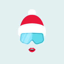 Girl In Ski Goggles And Winter Red Hat. Women Snowboarder  Modern Flat Design Vector Illustration.