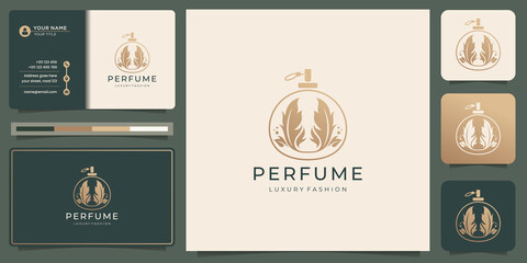 Wall Mural - luxury elegant perfume logo template, abstract perfume bottle with leaves, golden color design.