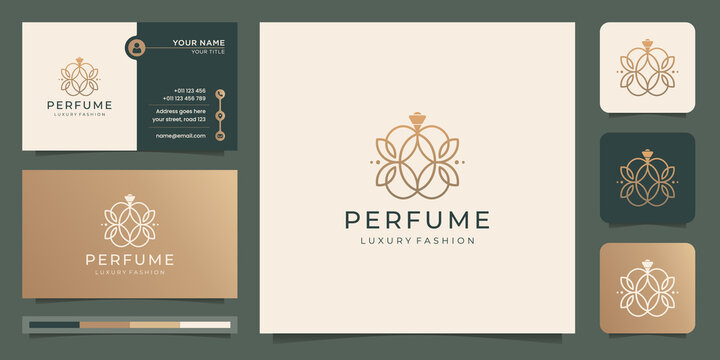 elegant perfume glass bottle logo design template linear style design and business card premium.