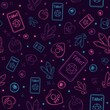 © Dana - Occult and witchy seamless pattern with purple and blue elements. Tarot cards, precious gems, ouija board and flasks. Wiccan and esoteric repeat background with psychedelic and magic objects.