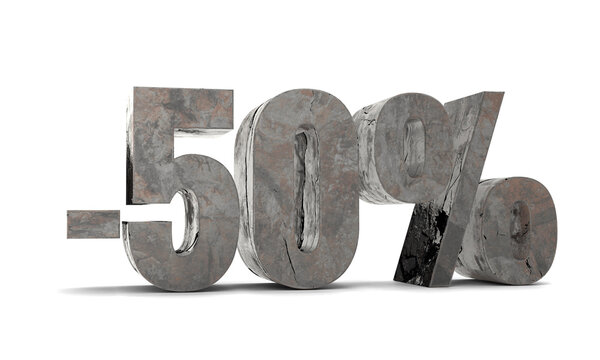 Rusty steel 50 percent discount sale promotion. Metal 50% discount isolated on white background. Vintage 50 percent off letters, discount sign