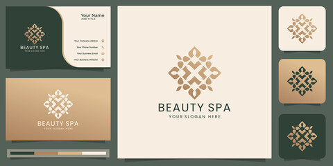 Wall Mural - beauty and spa logo design template with business card. gold color, abstract style shape design.