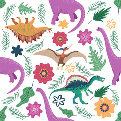 Naklejka na meble Doodle dinosaur pattern. Seamless textile dragon print, trendy childish fabric background, cartoon dinosaurs.