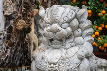 Marble White Lion Statue In Outdoors Park, Vietnam. Close Up