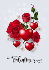 Wall Mural - Valentine's day greeting card templates with realistic of beautiful rose and heart on background color.
