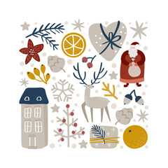 Wall Mural - Christmas vector hand drawn square form xmas doodle scandinavian elements house, deer, snowflake, orange and other. Composition for winter holiday greeting card