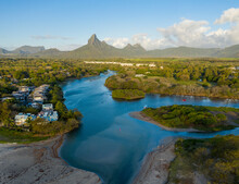 Aerial View Of Riviere Du Rempart, A River Near Baie Du Tamarin, A Beautiful Bay In Mauritius.