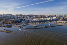 Aerial View Of Lisbon City Harbour And Marina At Sunset, Oriente, Lisbon, Portugal.