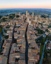 Aerial View Of San Gimignano, A Small Old Town With Medieval Tower At Sunset, Siena, Tuscany, Italy.